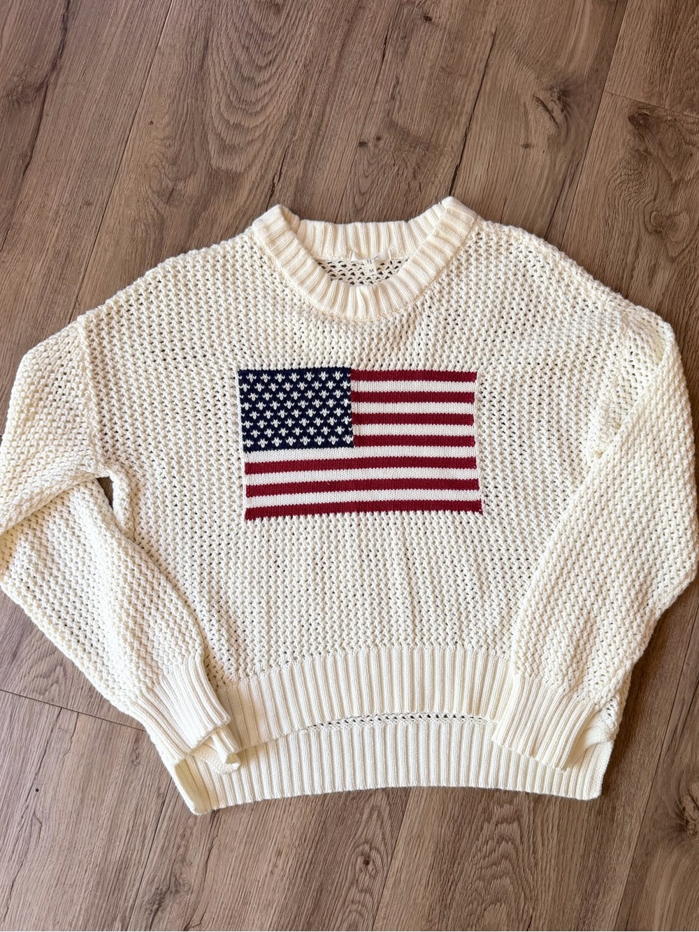Maurices American Flag Crochet Sweater Women's M Cream Ivory Stars Stripes